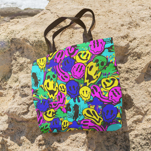 Melted Neon Smiley Print Tote Bag in Blue